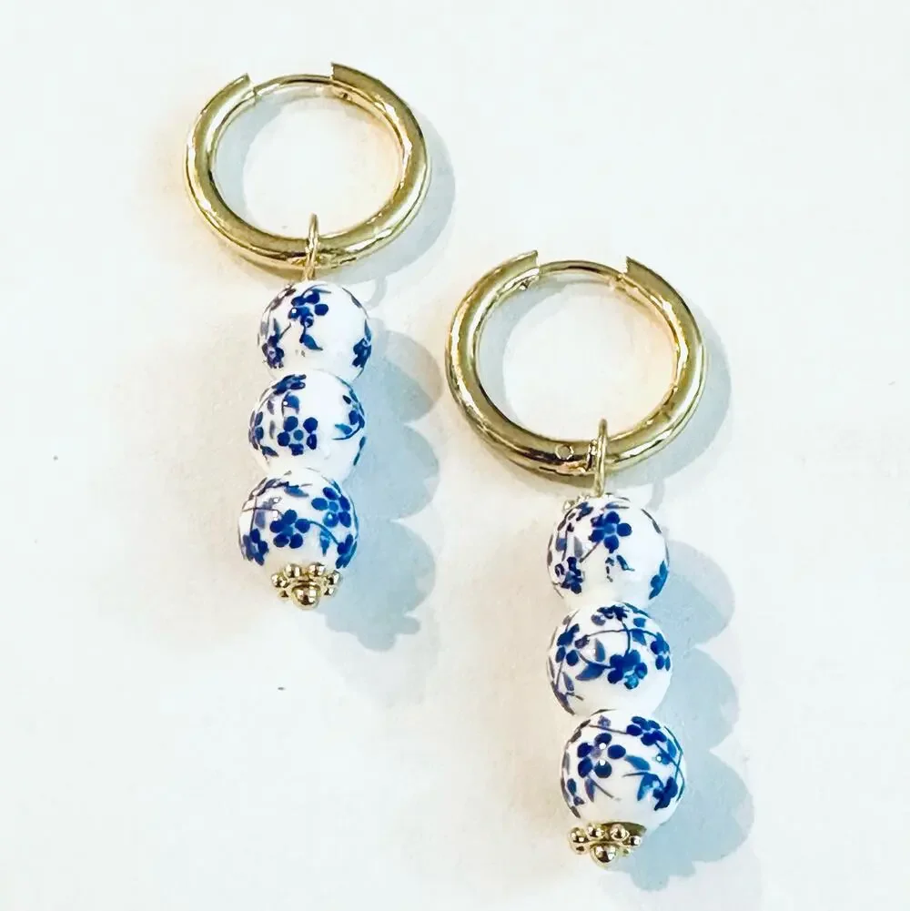 Chinoiserie Blue and White Beaded Hoop Earrings